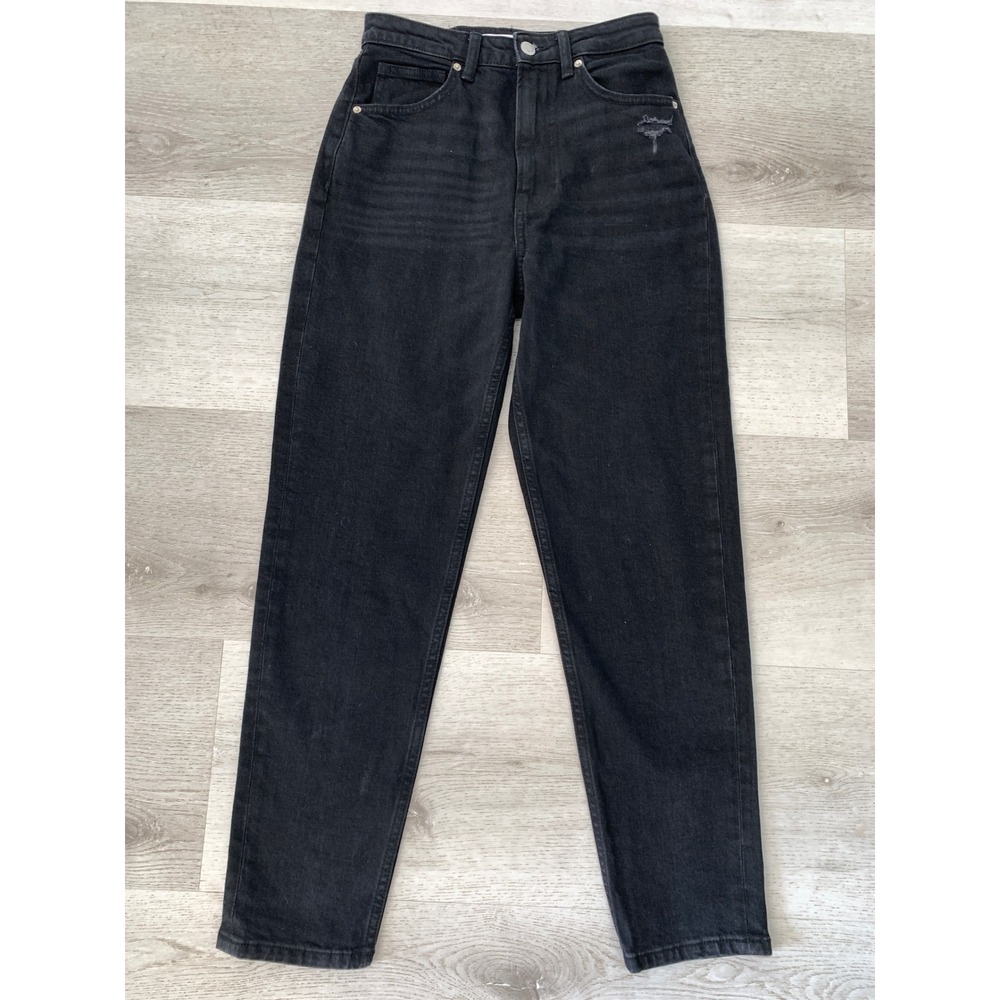 Bershka Mom Slim High Waisted Distressed Washed Black Tapered Jeans Size 4